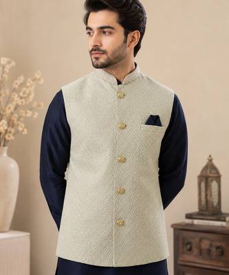 Men's silk blue embroidery kurta-jacket-set 2