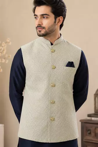 Men's silk blue embroidery kurta-jacket-set
