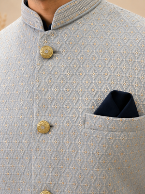 Men's silk blue embroidery kurta-jacket-set 2