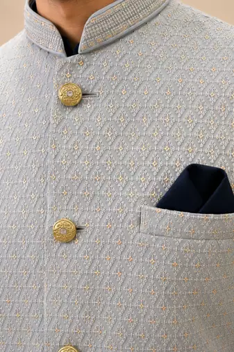 Men's silk blue embroidery kurta-jacket-set