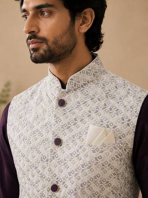 Men's silk maroon embroidery kurta-jacket-set 3