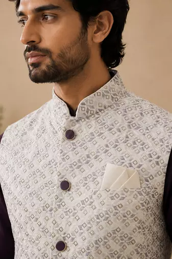 Men's silk maroon embroidery kurta-jacket-set