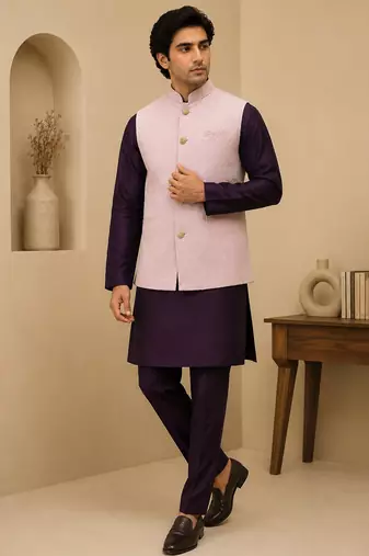 Men's silk maroon embroidery kurta-jacket-set