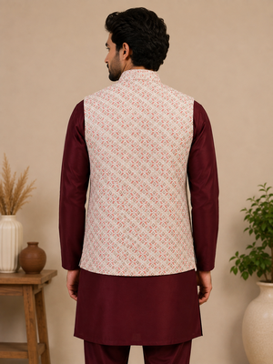 Men's silk maroon embroidery kurta-jacket-set 2