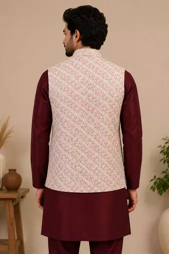 Men's silk maroon embroidery kurta-jacket-set