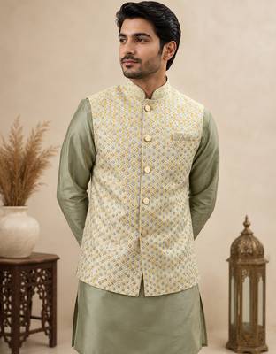 Men's silk green embroidery kurta-jacket-set 2