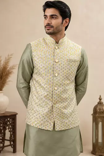 Men's silk green embroidery kurta-jacket-set