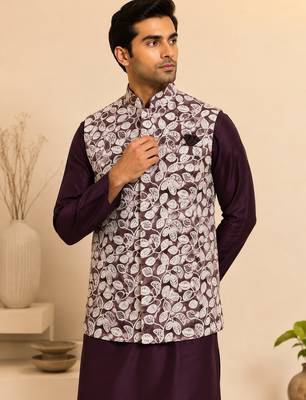 Men's silk maroon embroidery kurta-jacket-set 2