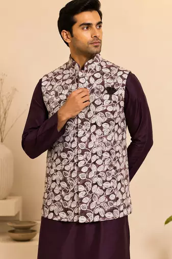 Men's silk maroon embroidery kurta-jacket-set