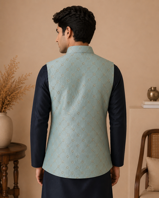Men's silk blue embroidery kurta-jacket-set 2