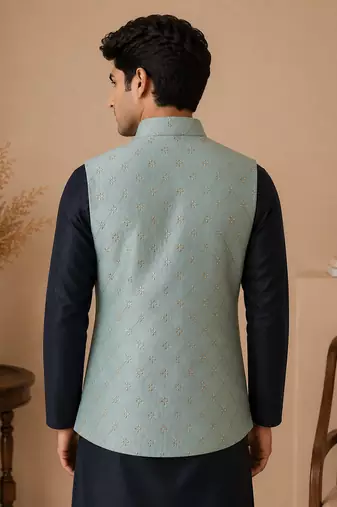 Men's silk blue embroidery kurta-jacket-set