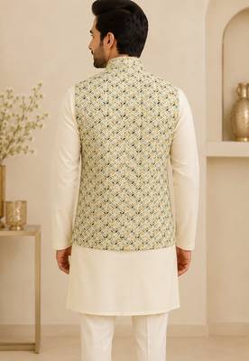Men's silk white embroidery kurta-jacket-set 2