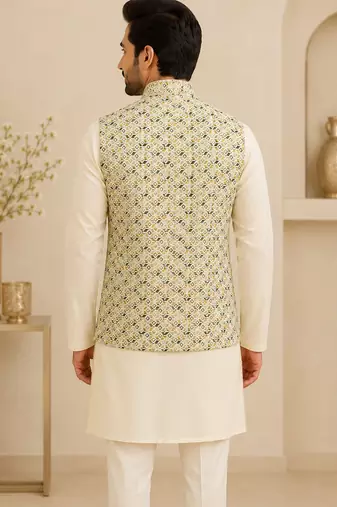 Men's silk white embroidery kurta-jacket-set