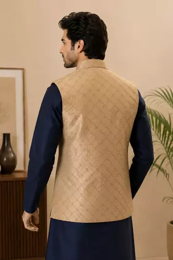 Men's silk blue embroidery kurta-jacket-set