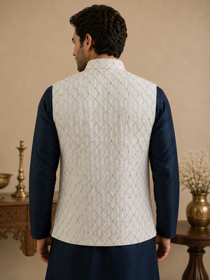 Men's silk blue embroidery kurta-jacket-set 3