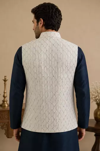 Men's silk blue embroidery kurta-jacket-set