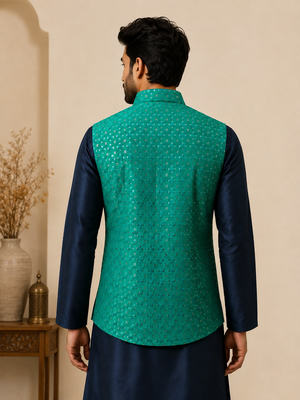Men's silk blue embroidery kurta-jacket-set 3