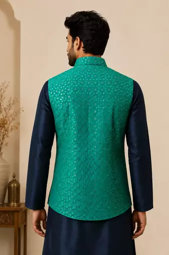 Men's silk blue embroidery kurta-jacket-set