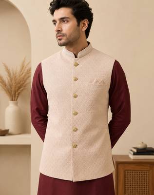 Men's silk maroon embroidery kurta-jacket-set 2