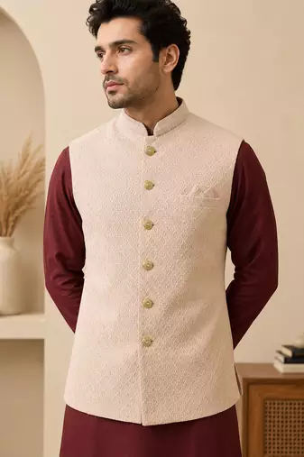 Men's silk maroon embroidery kurta-jacket-set