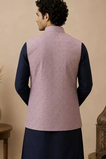 Men's silk blue embroidery kurta-jacket-set