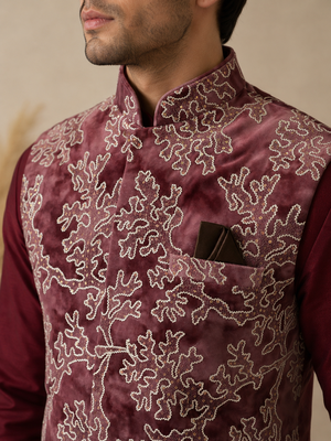Men's silk maroon embroidery kurta-jacket-set 3