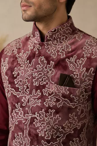 Men's silk maroon embroidery kurta-jacket-set