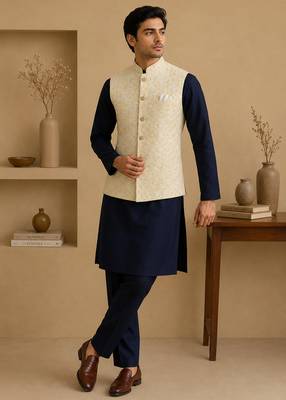 Men's silk blue embroidery kurta-jacket-set 4