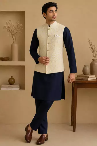 Men's silk blue embroidery kurta-jacket-set