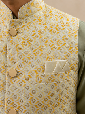 Men's silk green embroidery kurta-jacket-set 3