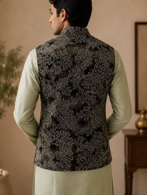 Men's silk green embroidery kurta-jacket-set 3