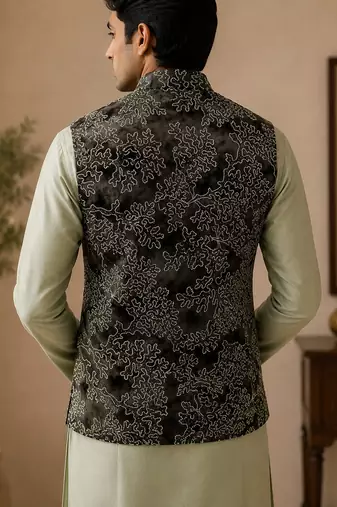 Men's silk green embroidery kurta-jacket-set