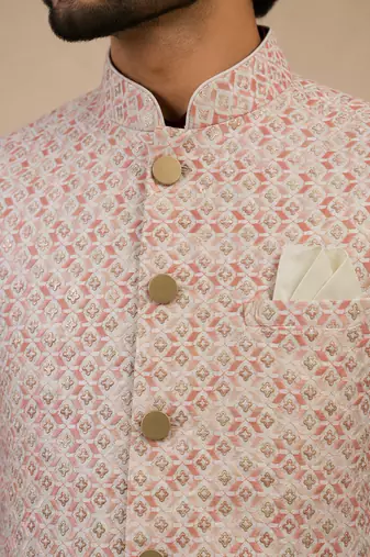 Men's silk maroon embroidery kurta-jacket-set