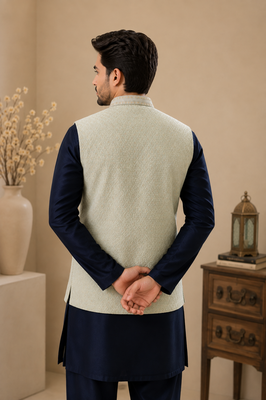 Men's silk blue embroidery kurta-jacket-set 3