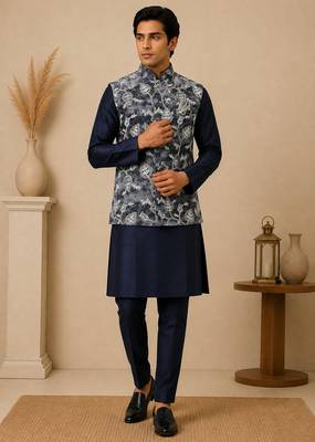 Men's silk blue embroidery kurta-jacket-set 3