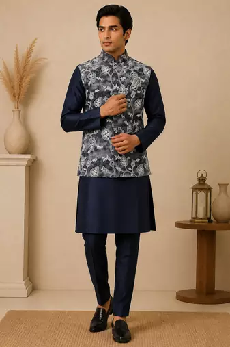 Men's silk blue embroidery kurta-jacket-set