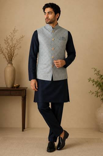 Men's silk blue embroidery kurta-jacket-set