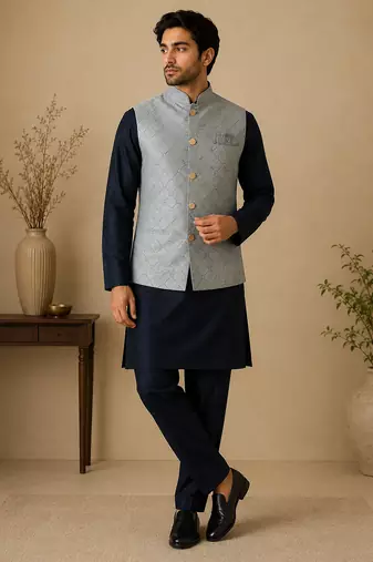 Men's silk blue embroidery kurta-jacket-set