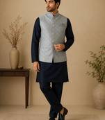 Men's silk blue embroidery kurta-jacket-set