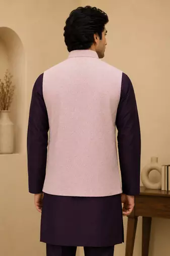 Men's silk maroon embroidery kurta-jacket-set