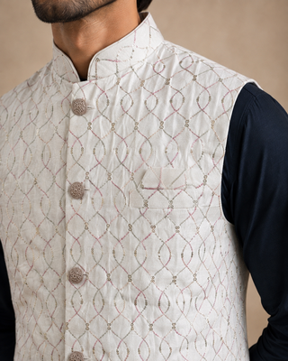 Men's silk blue embroidery kurta-jacket-set 4