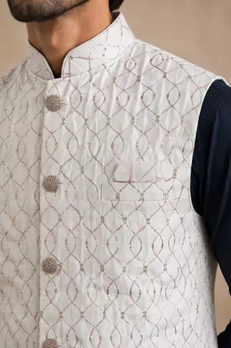 Men's silk blue embroidery kurta-jacket-set