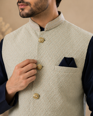 Men's silk blue embroidery kurta-jacket-set 4
