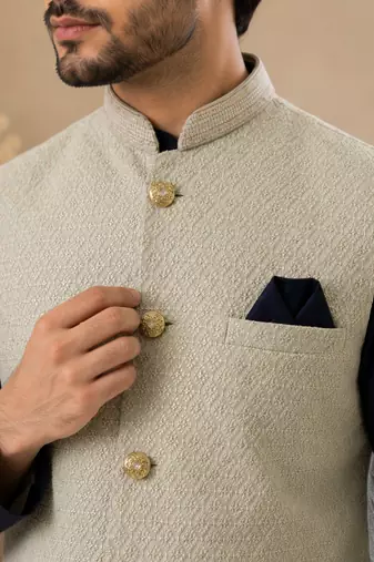 Men's silk blue embroidery kurta-jacket-set