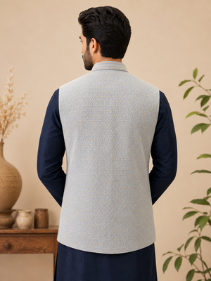Men's silk blue embroidery kurta-jacket-set 3
