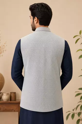 Men's silk blue embroidery kurta-jacket-set