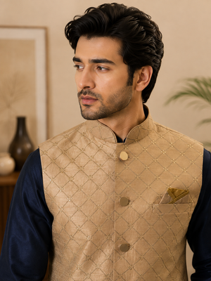 Men's silk blue embroidery kurta-jacket-set 4