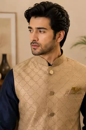 Men's silk blue embroidery kurta-jacket-set