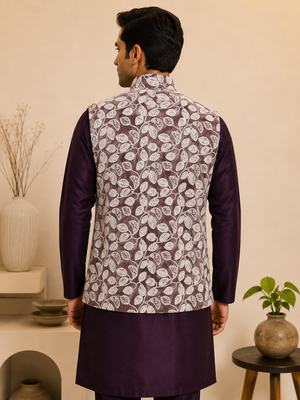 Men's silk maroon embroidery kurta-jacket-set 3