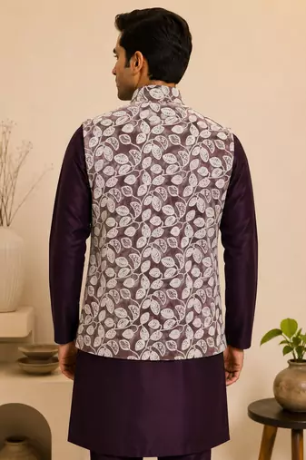 Men's silk maroon embroidery kurta-jacket-set